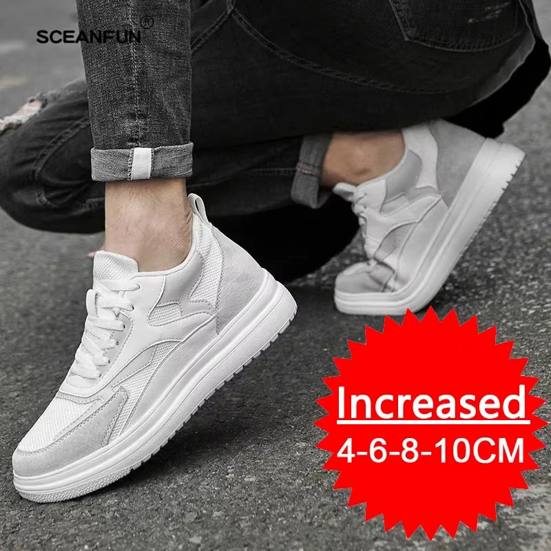 New Men Trendy Leather Sneakers Elevator Shoes Invisible Breathable Heightening Luxury 8Cm MEN'S Casual Fashion Light Sneakers