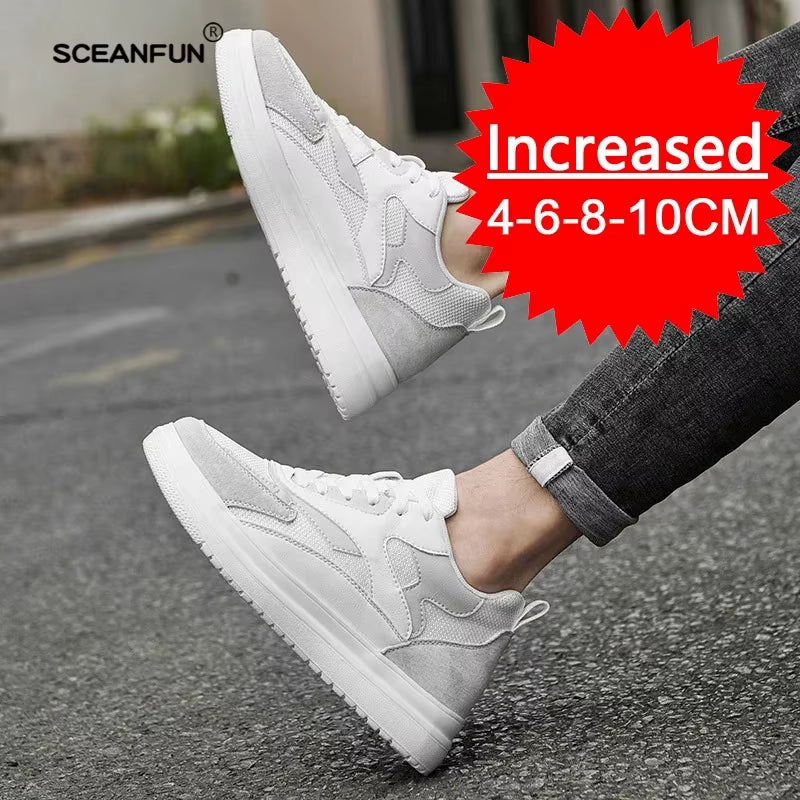 New Men Trendy Leather Sneakers Elevator Shoes Invisible Breathable Heightening Luxury 8Cm MEN'S Casual Fashion Light Sneakers