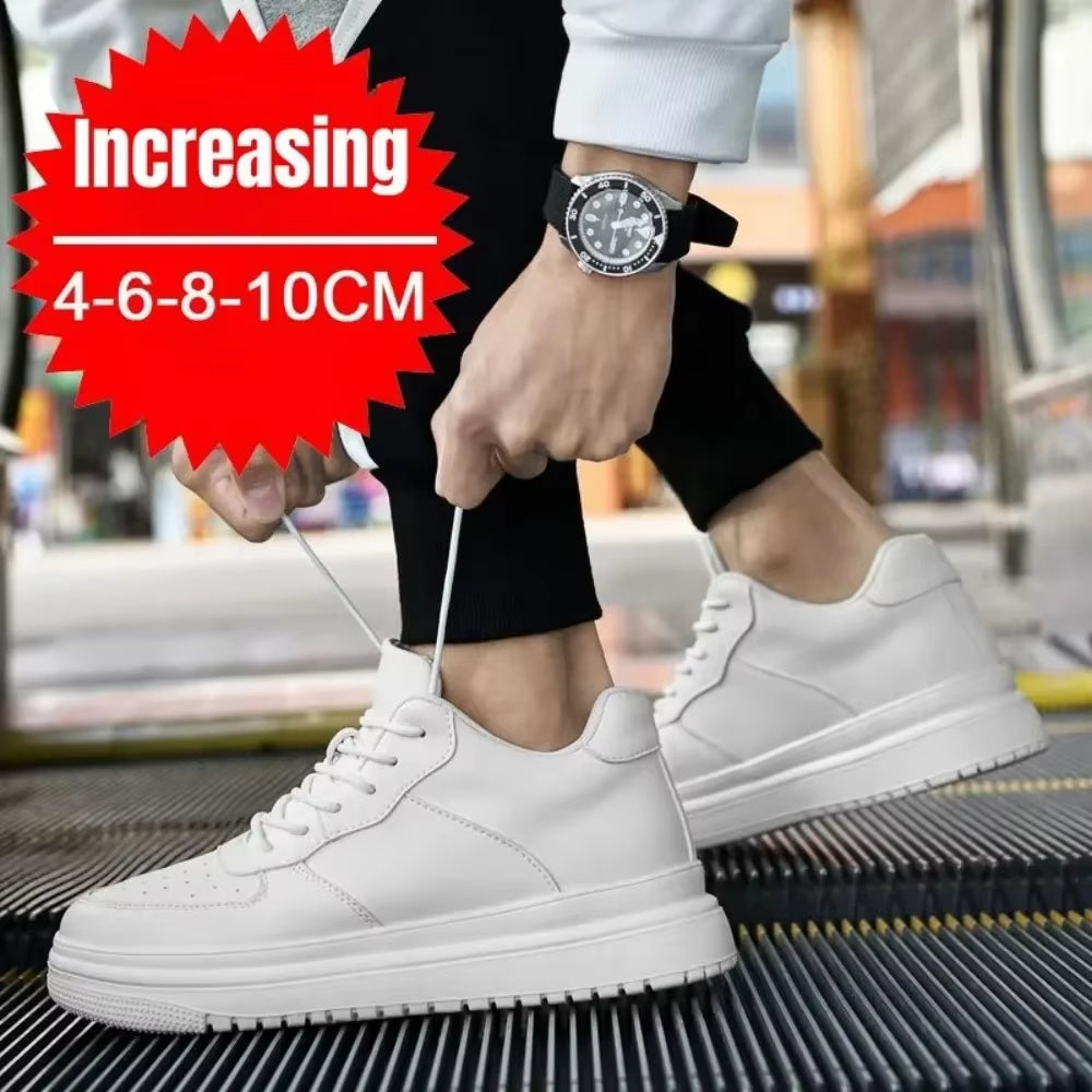 Elevate Your Style: PDEP Men's Height Increasing 10cm Invisible Sneakers - White Leather Sport Shoes, Size 46