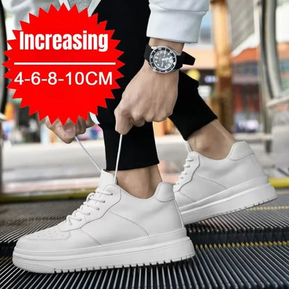 Elevate Your Style: PDEP Men's Height Increasing 10cm Invisible Sneakers - White Leather Sport Shoes, Size 46